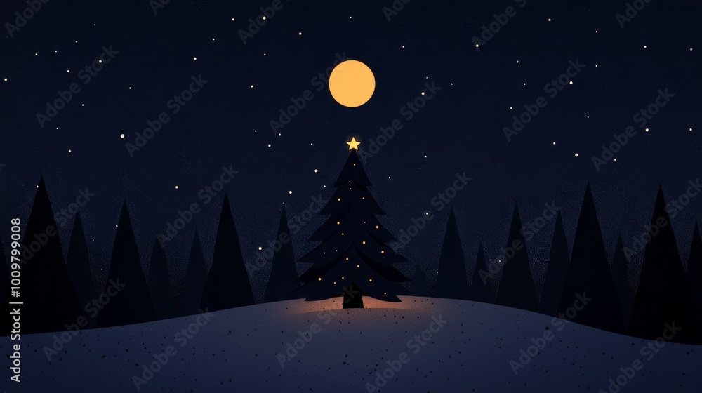 Naklejka premium Illustration of a snowcovered forest with a glowing Christmas tree in the center surrounded by twinkling stars and a full moon Perfect for holiday cards and festive winter greetings with a magical and