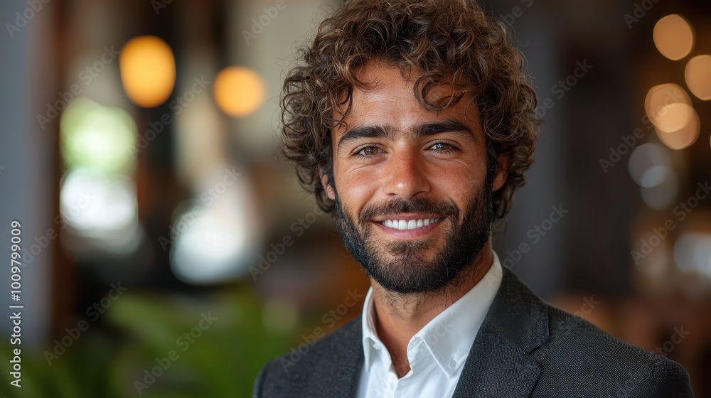 A young man with curly hair smiles warmly while dressed in a blazer in a cozy indoor setting during daylight hours A young man with curly hair smiles warmly while dressed in a blazer in a cozy indoor setting during daylight hours