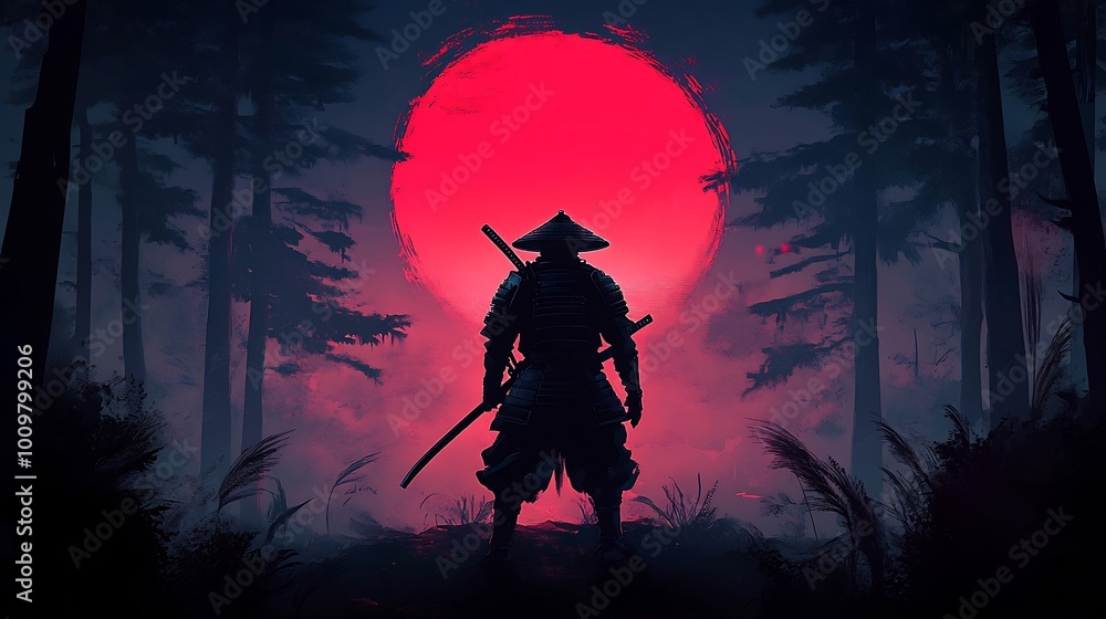 A silhouetted samurai stands in a misty forest against a large red sun. A silhouetted samurai stands in a misty forest against a large red sun.