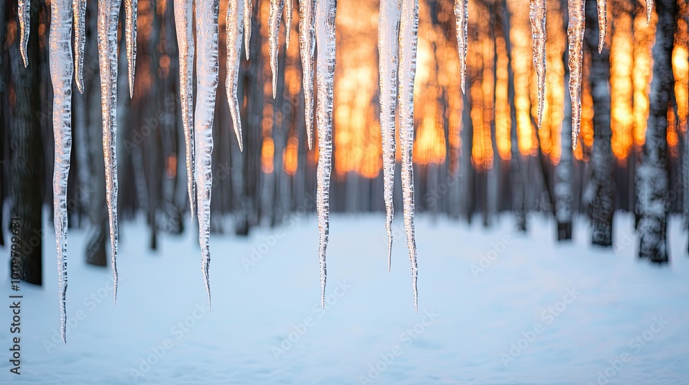 Glimmering icicles hang over a serene winter landscape, as the sun sets, casting warm hues through a snowy forest. Glimmering icicles hang over a serene winter landscape, as the sun sets, casting warm hues through a snowy forest.