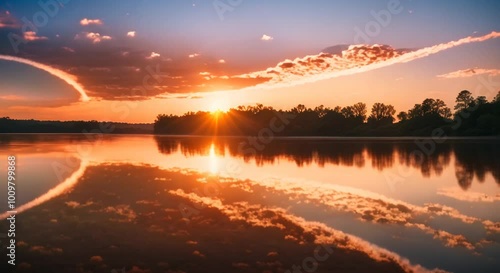 Sunrise on the river Virtual video scene animated background 4k animation