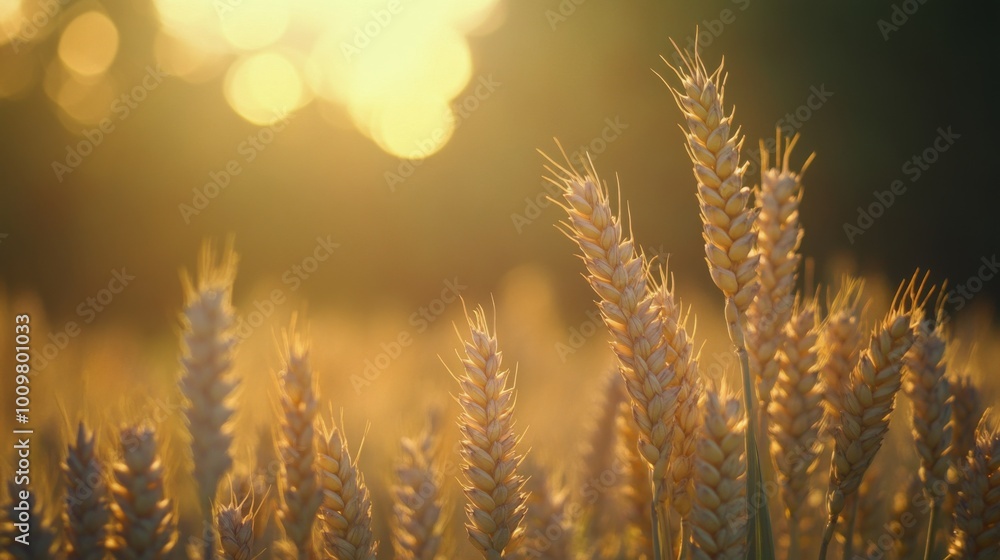 Golden wheat field glowing in the sunlight during the late afternoon harvest season Golden wheat field glowing in the sunlight during the late afternoon harvest season