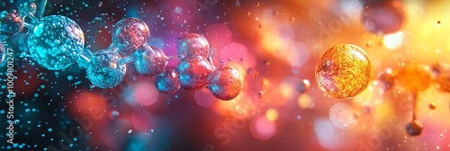 A harmonious fusion of molecular science and abstract art, this image showcases colorful molecules against a backdrop of vibrant hues and dynamic motion.