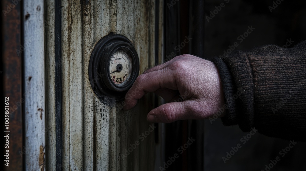 A hand, weathered and calloused, carefully turns the dial on an old, metal device. The surrounding area is dimly lit, revealing surfaces with age and wear, hinting at untold stories A hand, weathered and calloused, carefully turns the dial on an old, metal device. The surrounding area is dimly lit, revealing surfaces with age and wear, hinting at untold stories