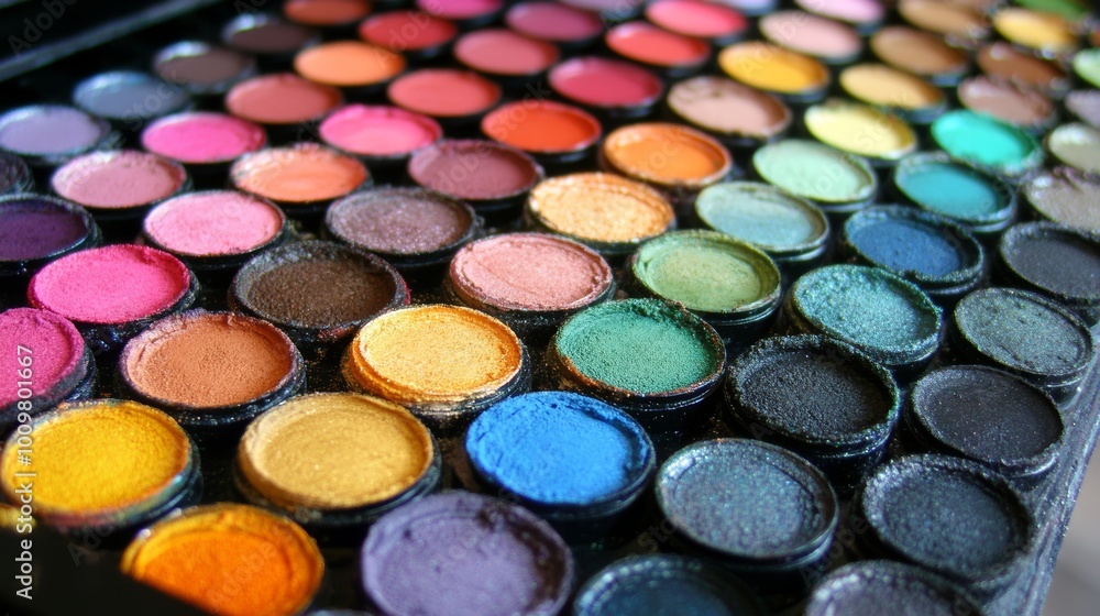 A colorful palette of eyeshadows in various vibrant shades, neatly arranged in circular pans. A colorful palette of eyeshadows in various vibrant shades, neatly arranged in circular pans.