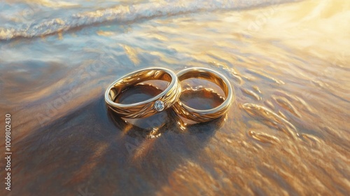 Golden Wedding Bands on a Beach at Sunset