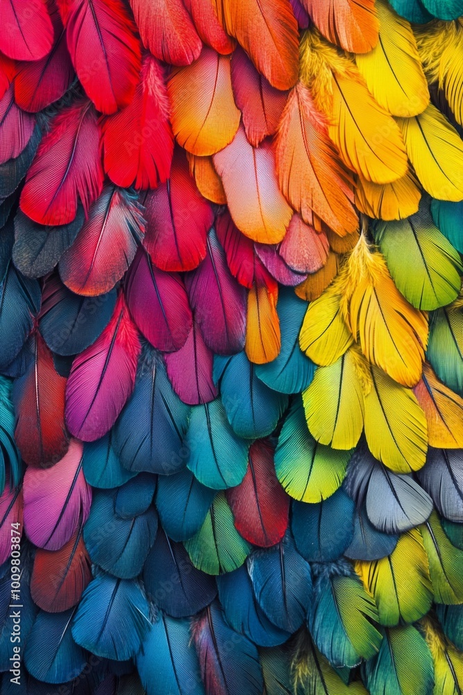 Obraz premium Colorful feathers in an artistic arrangement showcasing a vibrant spectrum of shades