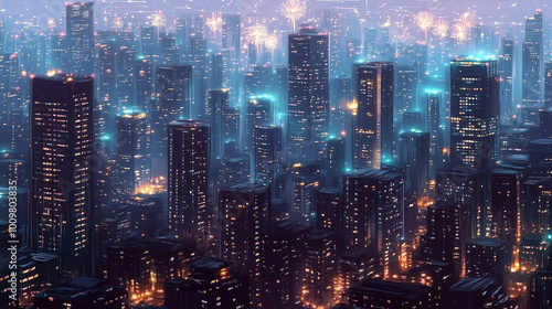 Nighttime Cityscape with Glowing Lights