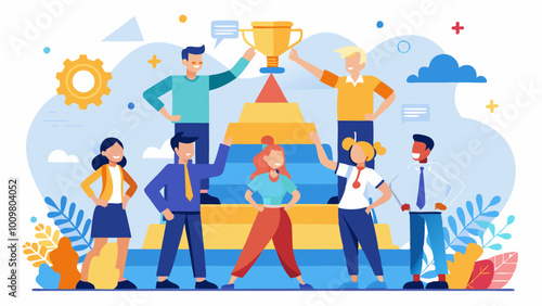 Teamwork success as team pyramid to innovative results. vector art illustration