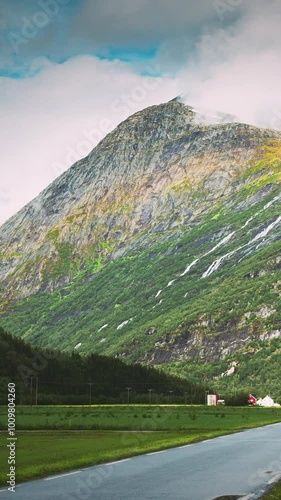 Stardalen, Skei I Jolster, Jostedalsbreen National Park, Norway. Waterfall In Norwegian Summer Landscape. Time-lapse photo