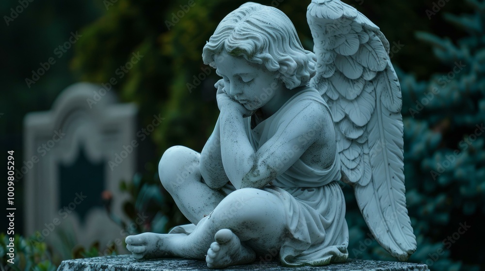 Melancholic angel statue at a cemetery reflecting sorrow and remembrance Melancholic angel statue at a cemetery reflecting sorrow and remembrance