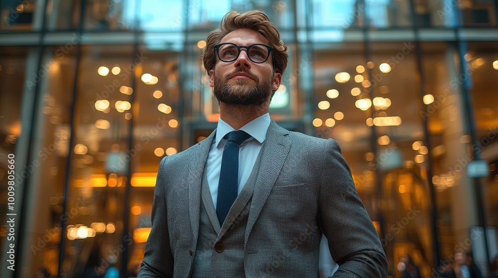 Fototapeta premium Confident businessman in stylish suit stands in urban plaza, showcasing a modern professional look during evening hours