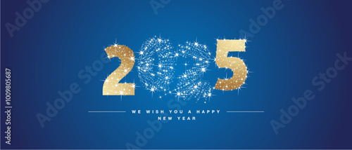 We wish you Happy New Year 2025. Numbers tipography with many warp moving stars in outer space and stop over the shape of 2025 on blue universe background