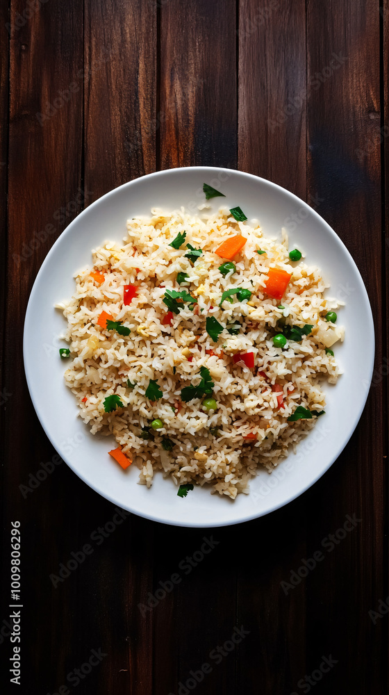 Dark wooden table with a plate of garnished chicken fried rice on top Dark wooden table with a plate of garnished chicken fried rice on top