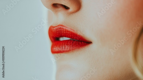 Close up of a woman's lips with glossy red lipstick against a neutral background