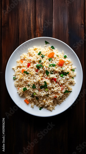 Dark wooden table with a plate of garnished chicken fried rice on top