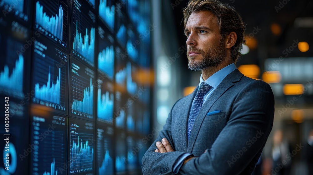 Fototapeta premium Business professional analyzing financial data on digital screens in modern office during working hours