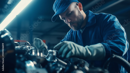 Dedicated auto mechanic in blue uniform diligently repairs an engine in a well-equipped workshop during the day