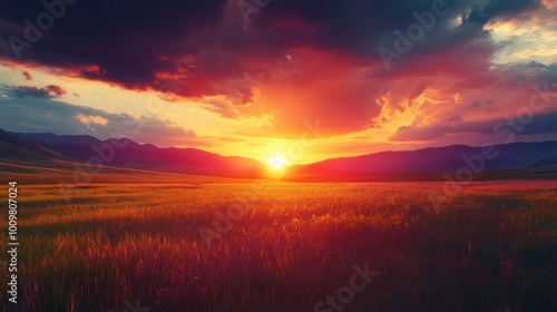 Sunset Over Field and Mountains