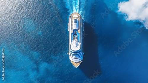 Aerial View of a Magnificent Luxury Cruise Ship out at Sea, Beautiful Blue Sea