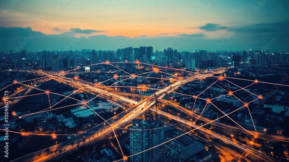 Obraz premium Cityscape with Interconnected Network of Light Trails and Buildings at Night