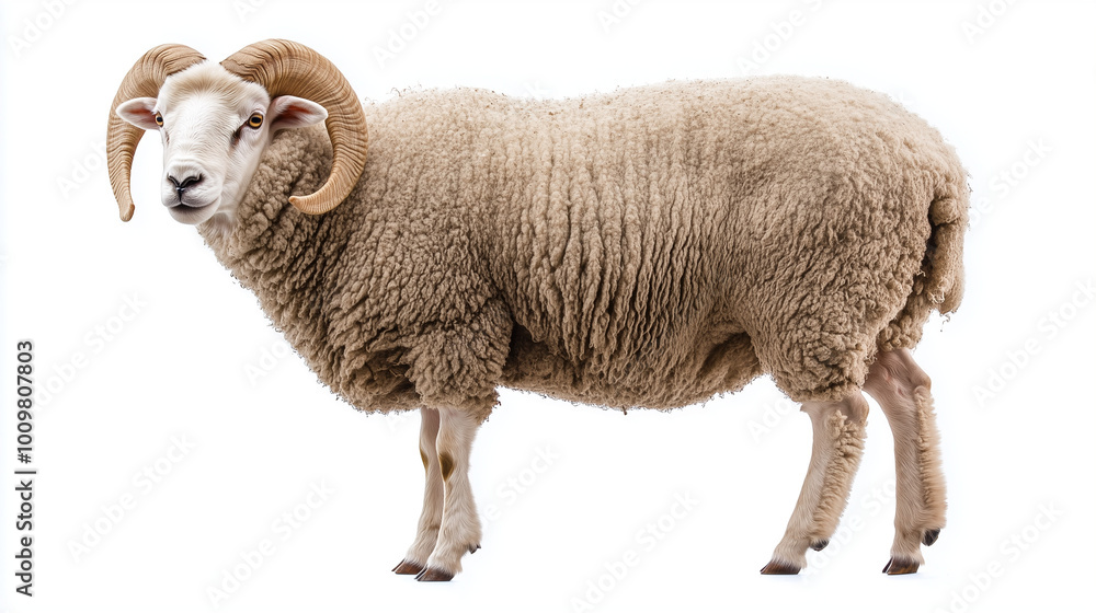 Fototapeta premium Ram standing proudly with thick wool on a white background copy space