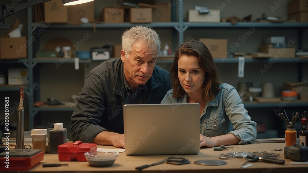 An experienced engineer mentoring a younger colleague as they work together on a project in a workshop, using a laptop. The image represents teamwork, knowledge transfer, and technical collaboration. An experienced engineer mentoring a younger colleague as they work together on a project in a workshop, using a laptop. The image represents teamwork, knowledge transfer, and technical collaboration.