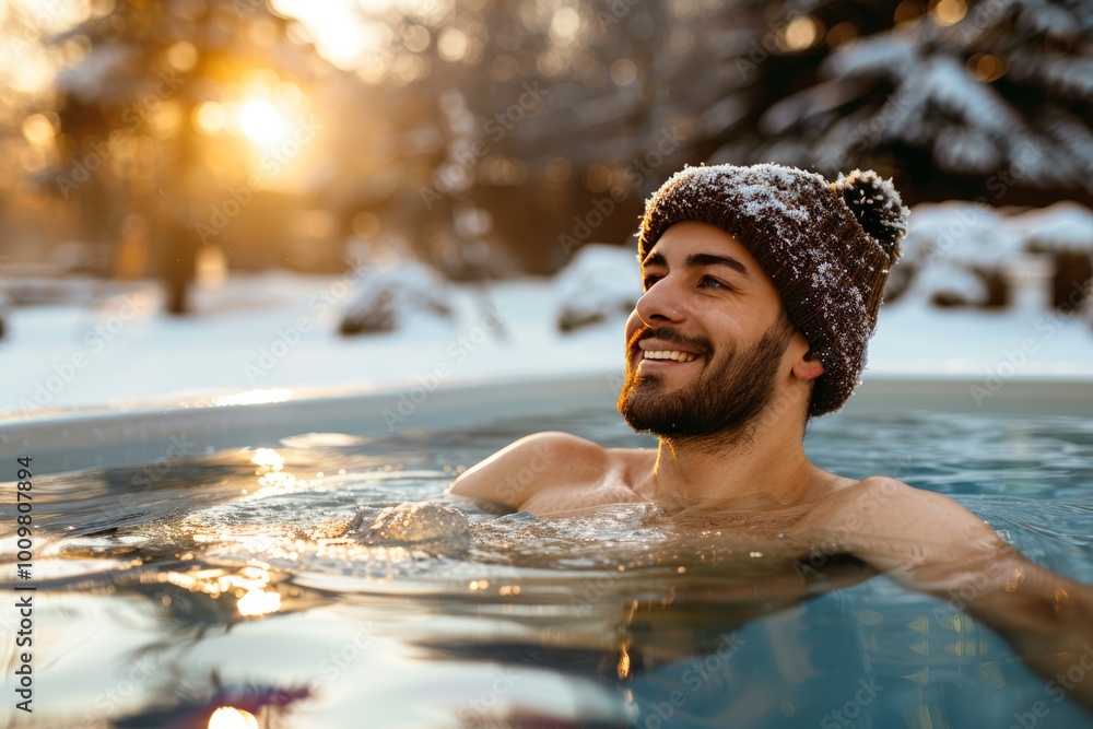 Smiling man enjoying an ice bath in a calm frozen lake. He wears a warm hat as the sun sets behind snowy trees and a serene, icy landscape.