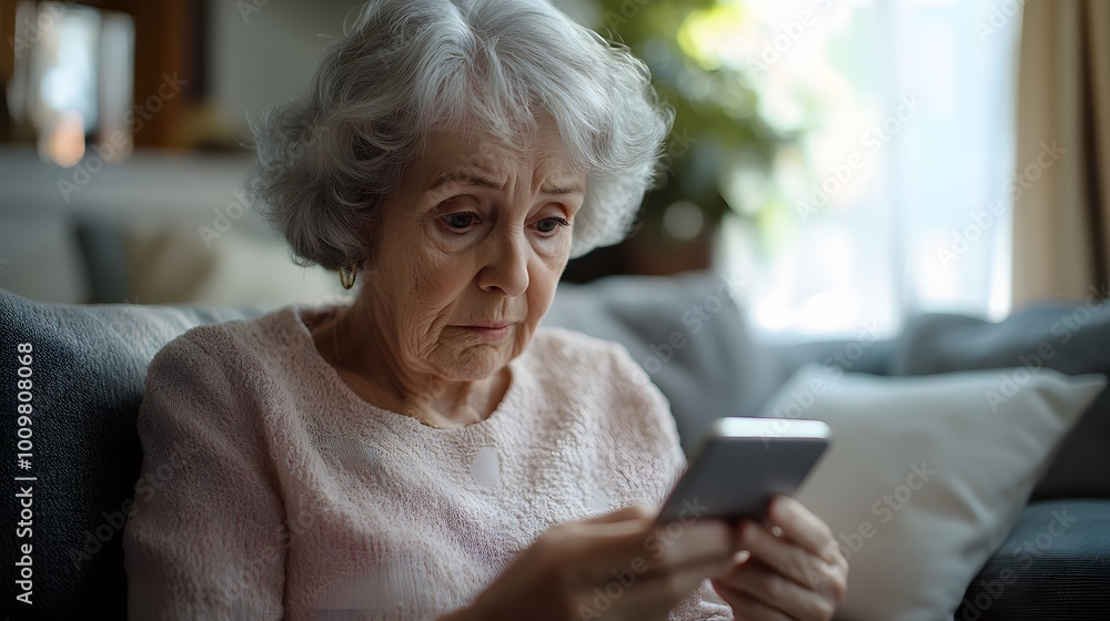 Senior woman with gray hair intently using her smartphone while sitting on a sofa in a softly lit, cozy living room Senior woman with gray hair intently using her smartphone while sitting on a sofa in a softly lit, cozy living room