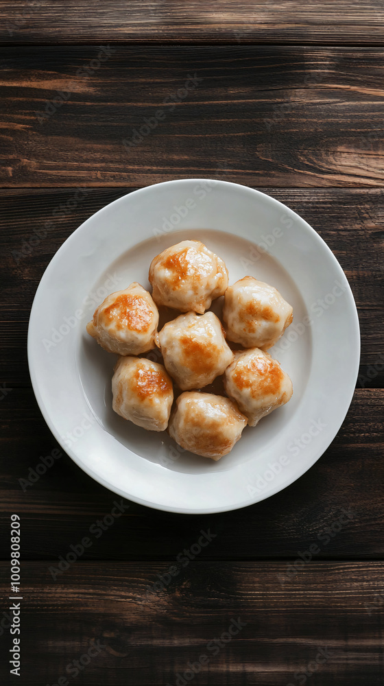 Seven steamed buns arranged on a white plate atop a dark wooden table Seven steamed buns arranged on a white plate atop a dark wooden table