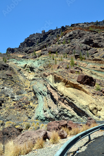 Los Azulejos de Veneguera. Rainbow colored rocks in the Mountains of Gran Canaria Island, Spain.