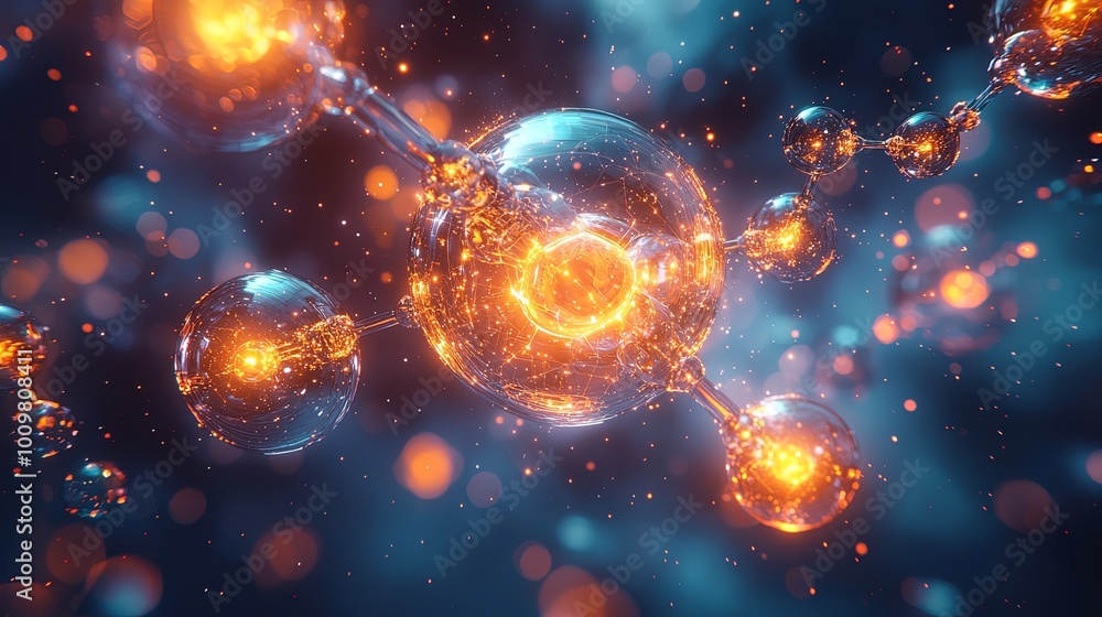 A magnificent molecular formation is illuminated with a bright nucleus at its center, showcasing a radiant mix of blue and orange light in this digital masterpiece. A magnificent molecular formation is illuminated with a bright nucleus at its center, showcasing a radiant mix of blue and orange light in this digital masterpiece.