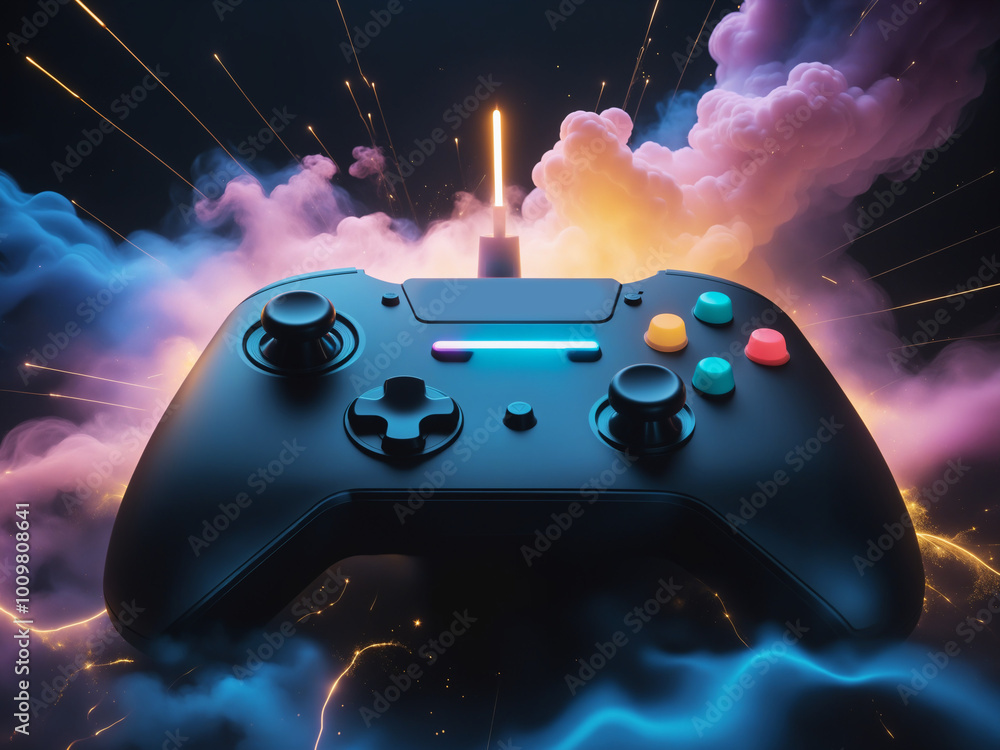 Black gamepad floating on neon clouds gaming setup