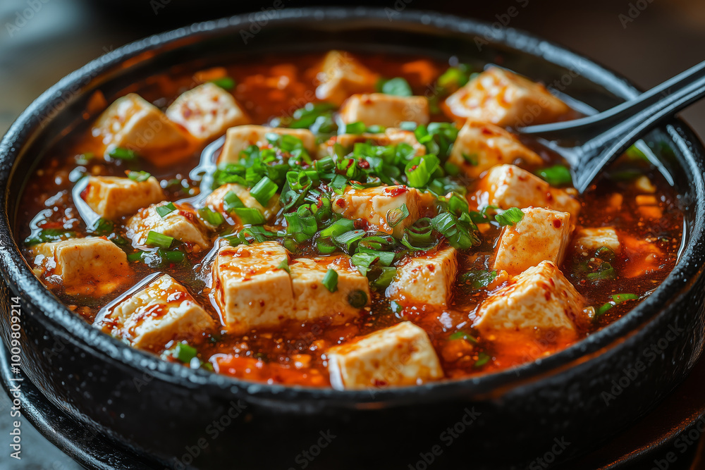 Delicious Ma Po Doufu garnished with fresh scallions served in a traditional bowl at a bustling Chinese restaurant Delicious Ma Po Doufu garnished with fresh scallions served in a traditional bowl at a bustling Chinese restaurant