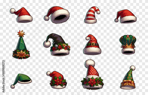 Set of vector Christmas hats. Christmas hats png. Christmas hats in different designs. Santa Claus hat png.