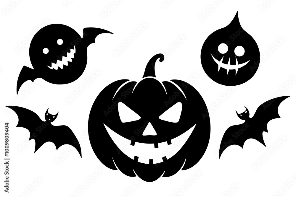 Obraz premium Scary and funny faces of Halloween pumpkin or ghost . Vector collection.