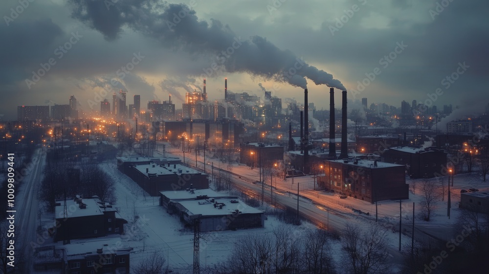 The city skyline is stark against the winter night, lit by warm glows from buildings as smoke billows from industrial stacks under a cloudy sky The city skyline is stark against the winter night, lit by warm glows from buildings as smoke billows from industrial stacks under a cloudy sky