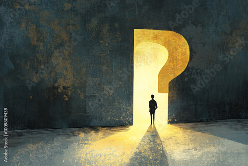 A solitary man stands thoughtfully before a luminous question mark in a dimly lit room, contemplating life's greatest mysteries and possibilities