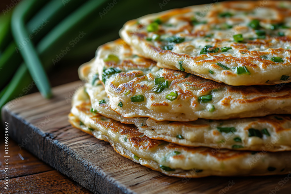 Savor the crispy layers of scallion pancakes served on a rustic wooden platter, featuring fresh green onions, perfect for sharing at a cozy gathering Savor the crispy layers of scallion pancakes served on a rustic wooden platter, featuring fresh green onions, perfect for sharing at a cozy gathering