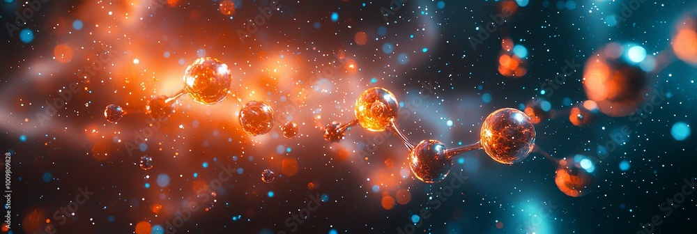 An artistic representation of molecular connections set against a dynamic space environment, depicting the interconnectedness and complexity of microscopic elements. An artistic representation of molecular connections set against a dynamic space environment, depicting the interconnectedness and complexity of microscopic elements.