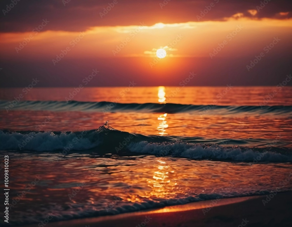 Fototapeta premium The warm glow of the setting sun casts golden hues over the tranquil waves of the ocean, creating a serene atmosphere by the shoreline during dusk. Sunset or sunrise at sea. Romantic landscape. AI