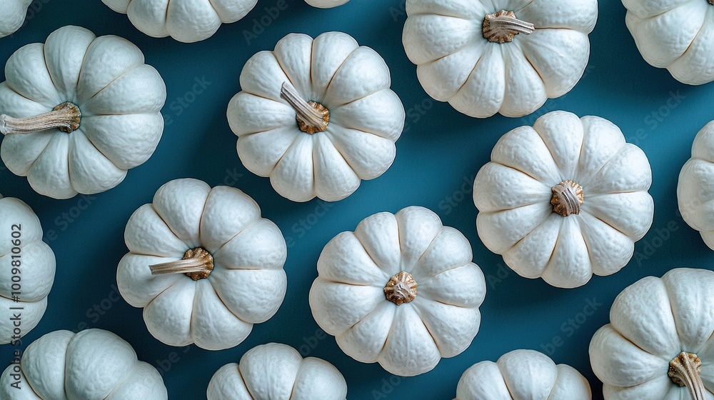 White pumpkins arranged on a blue backdrop with surrounding pumpkins White pumpkins arranged on a blue backdrop with surrounding pumpkins