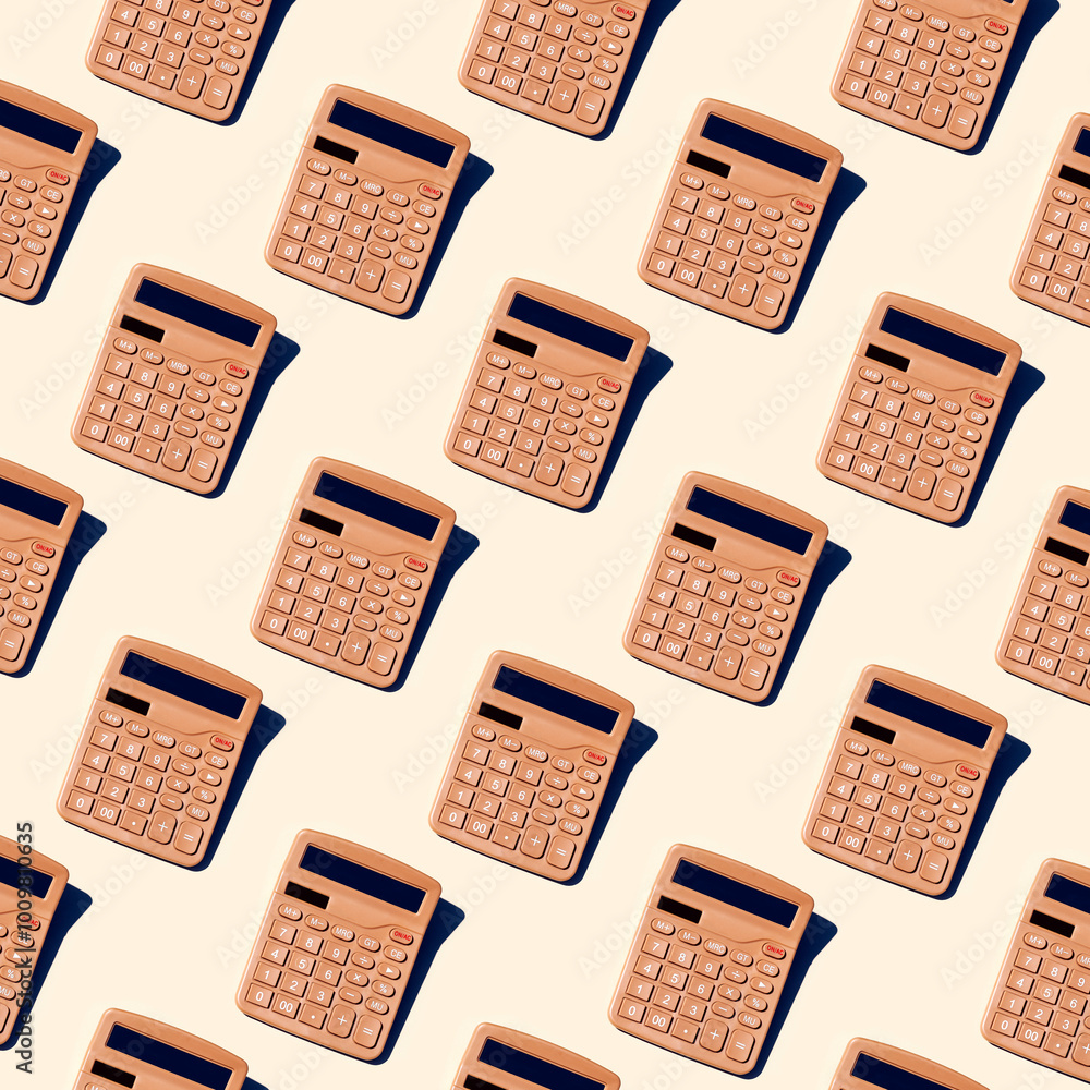 Multiple calculators in a repeating pattern on a plain background
