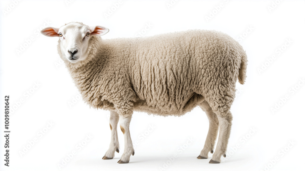 Sheep standing calmly with fluffy wool on a white background copy space Sheep standing calmly with fluffy wool on a white background copy space