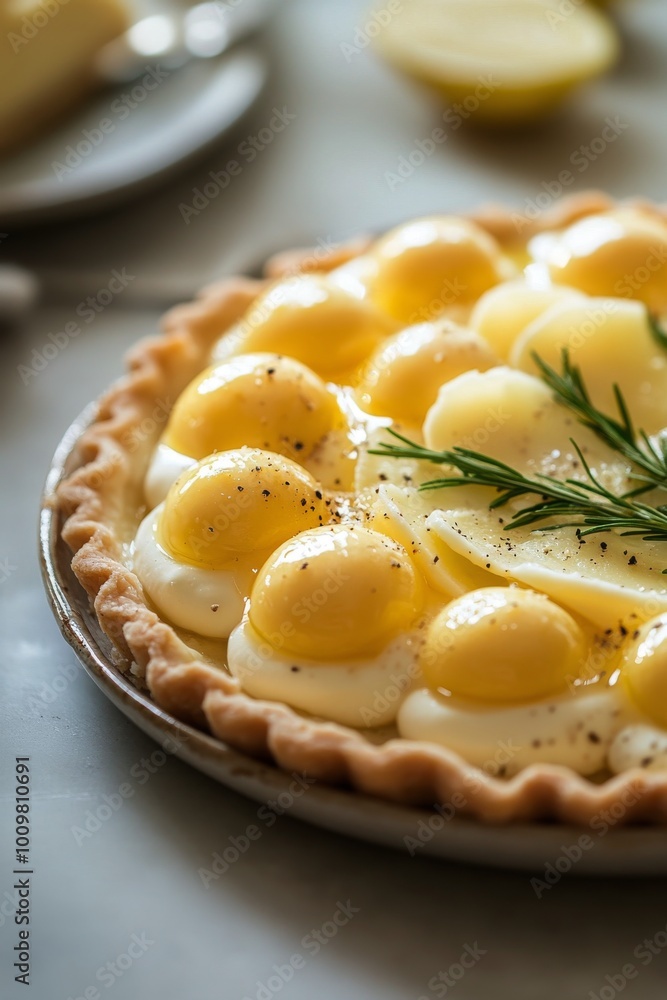 Delicious lemon tart topped with zest and fresh lemon balls on a rustic table setting Delicious lemon tart topped with zest and fresh lemon balls on a rustic table setting
