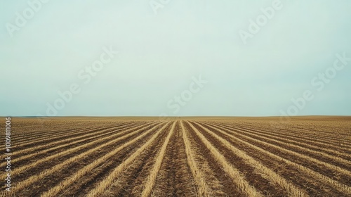 A vast agricultural field with neatly arranged rows under a pale sky.