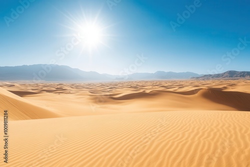 A vast desert landscape under a bright sun with rolling sand dunes and distant mountains.