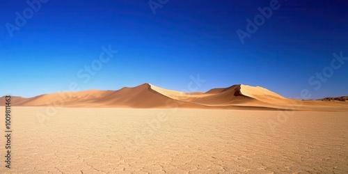 A vast desert landscape with sandy dunes under a clear blue sky.