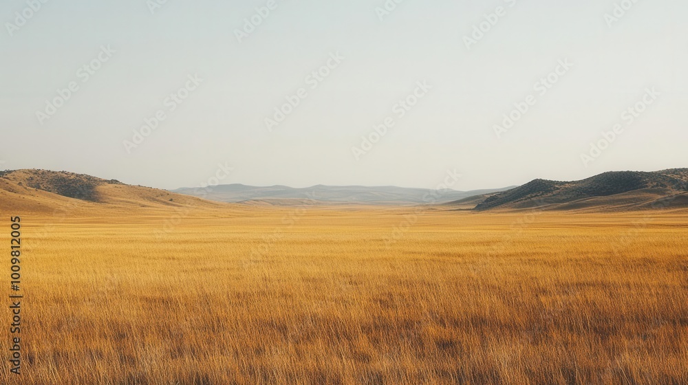 Fototapeta premium A vast, golden landscape under a clear sky, evoking tranquility and openness.
