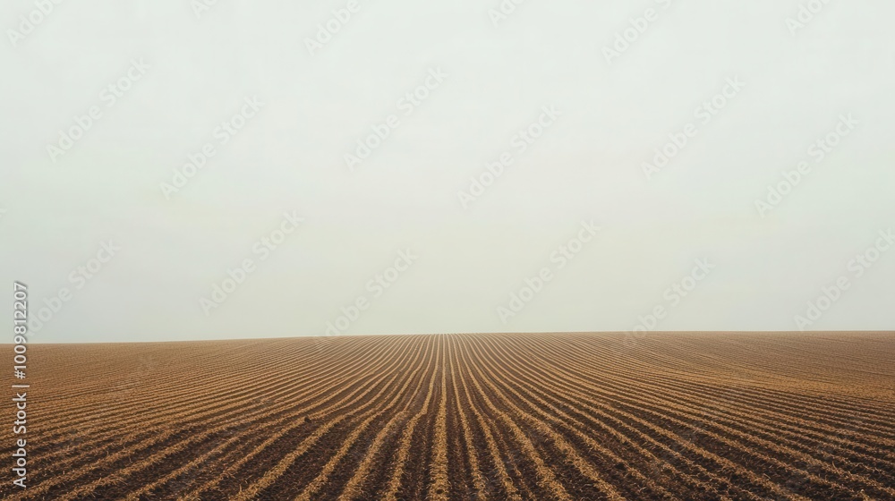 A vast, plowed field stretches under a muted sky, emphasizing agricultural preparation. A vast, plowed field stretches under a muted sky, emphasizing agricultural preparation.